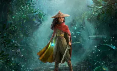 Raya standing in the rain holding a sword