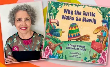 photo of author Sandra Martin Denis, with the cover of her book, featuring a turtle with a colorful shell and many tropical birds and reptiles around it 