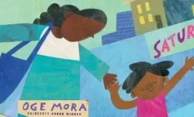 Book cover for the title Saturday. A drawing of a mother and daughter holding hands and running