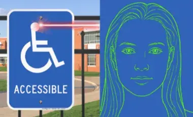 Wheelchair access sign shooting laser beams and two women's faces