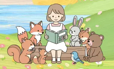 Cartoon girl reading a book to woodland animals in nature. 