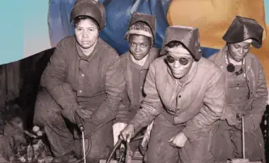 A historical photo group of four female industrial workers looking at the camera while doing their jobs.