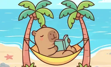 A capybara reading a book in a hammock on the beach.  