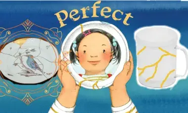 A picture from Waka T. Brown's "Perfect" with a girl looking at her reflection from a broken plate fixed with kintsugi gold glue