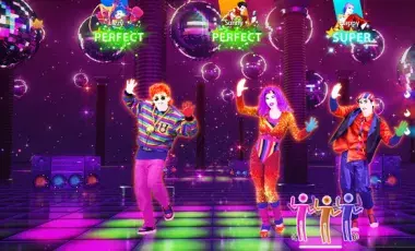 Three people dancing onscreen of the Just Dance nintendo switch game.