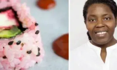 To the left is a close-up photo of a sushi roll. To the right is a photo of Acooba, wearing a white shirt and smiling.