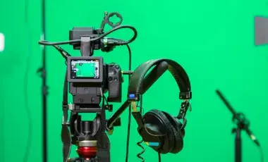 Green screen with camera and headphones