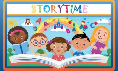 graphic with five children above a big book with a rainbow in the background