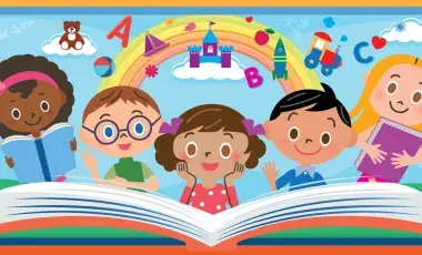 cartoon of five kids looking at a giant open book