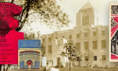Black and white postcard of Central Library alongside a menu, matchbook and brochure of nearby businesses.