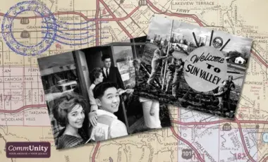 Two black and white photos against background map of northeast San Gabriel Valley.