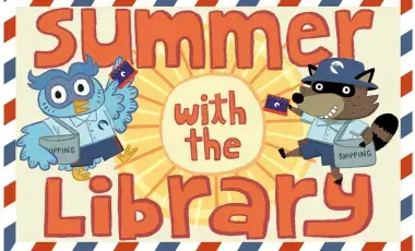 A cartoon owl and racoon holding library cards and books
