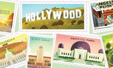 Illustrations of postcards of Venice Beach, the Hollywood Sign, Angel's Flight, L.A. Coliseum, City Hall, Griffith Park, and Echo Park