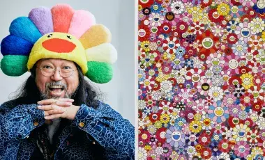 Artist, Takashi Murakami, next to a piece of his artwork.