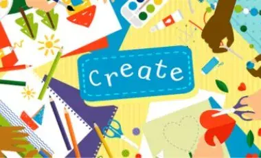 image that says "create" surrounded by arts supplies