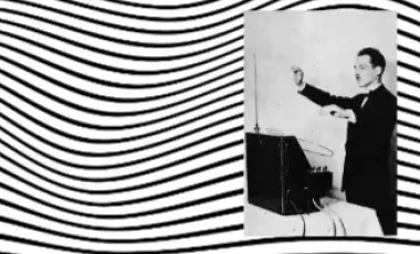 Leon Theremin playing a Theremin, surrounded by wavy lines.