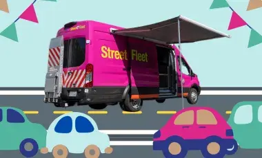 Illustrated assorted cars and a mobile outreach truck for LAPL, Raspberry 
