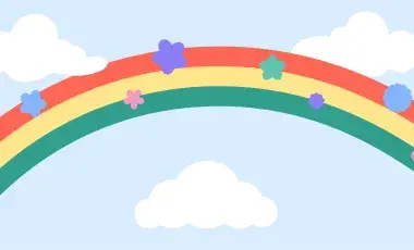 illustrated rainbow, clouds, and flowers