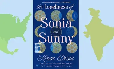 Book cover of "the loneliness of sonia and sunny" alongside the shape of North America and India