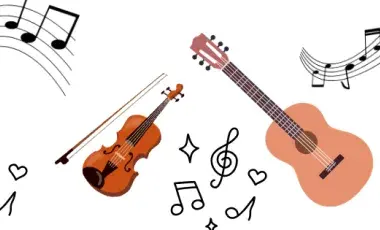 A guitar and violin with musical notes