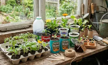 Image of seedlings growing in egg cartons, eggs, cans on a table