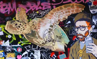 a collage of a sea turtle and Vincent Van Gogh wearing glasses and holding a phone with graffiti