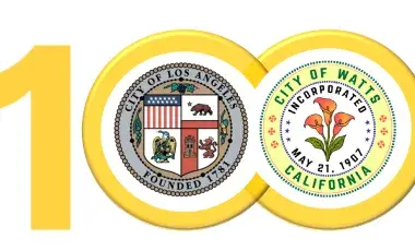 number 100 with the City of Los Angeles and Watts logo