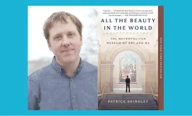 To the left is a photo of the author, wearing a blue collared shirt. To the right is the cover of the book All the Beauty in the World, featuring a photo of a man taken from the back, taken at the top of the staircase and observing a large painting.