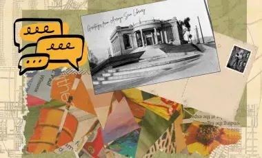 Postcards, collage, and word bubbles against map of Los Angeles