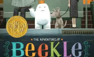 Beekle waiting at bus stop between people and dog