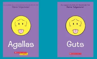 Two books, the book on the left has the title "Agallas" and the book on the right has the title "Guts".