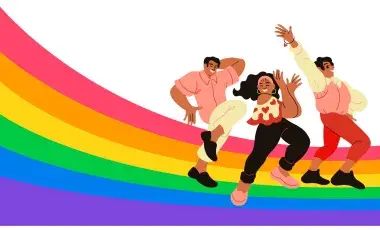 Illustration of teens posing in various dance moves with a rainbow background.