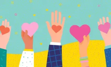 Hands of all shapes and sizes and color hold out hearts