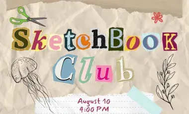 Magazine clippings spelling out "Sketchbook Club". Clipart of art supplies and doodles throughout.