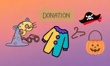 Halloween costume pieces on an orange and purple gradient background with the word "donation"