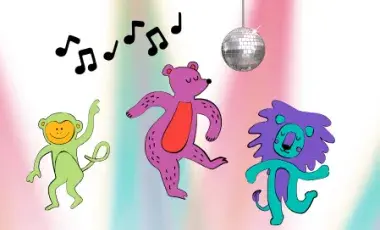 A cartoon monkey, bear and lion dance under musical notes and a disco ball with colorful spotlights in the background