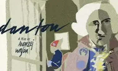 stylized, color-blocked portrait of French revolutionary leader Georges Danton. He is depicted with white hair, an intense facial expression, and a high-collared coat detailed with a French revolutionary tricolor cockade.