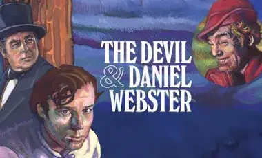 Stern man in a top hat and a younger man looking forward—set against a swirling blue background.