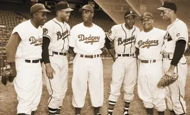 Historic photo of Jackie Robinson, George Crowe, Joe Black, Sam Jethroe, Roy Campanella and Bill Bruton