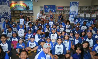 Crowd of children in a classroom during Dodgers story time.