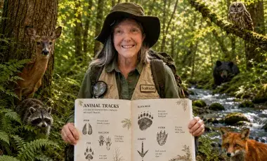 A person wearing a nature vest and hat and holding up a book with animal tracks drawn on it.