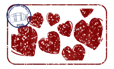 Sun Valley stamp postmark in left corner with 7 red stamped hearts