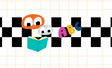 Blue and orange googly eyed figures, a book, and the letters A B C on a checkered background
