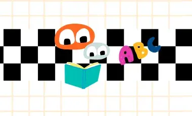 Blue and orange googly eyed figures, a book, and the letters A B C on a checkered background