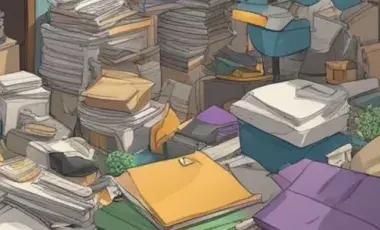 Drawing of piles of papers and files.