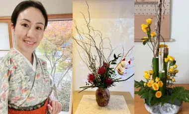 A woman in Japanese Kimono smiling; Ikebana of red flower with a fox mask; Ikebana of Yellow flowers with green bamboos, etc.s