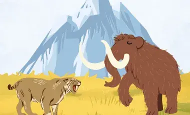 Two ice age mammals, standing on dry grass and ice mountain. 