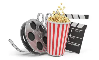 A reel of film, a serving of popcorn, and a director's clapboard.