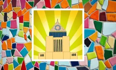 A drawing of Central Library's Tower against a colorful mosaic background