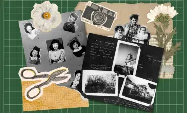 Scrapbook pages, photographs, and scrap ephemera against green grid background